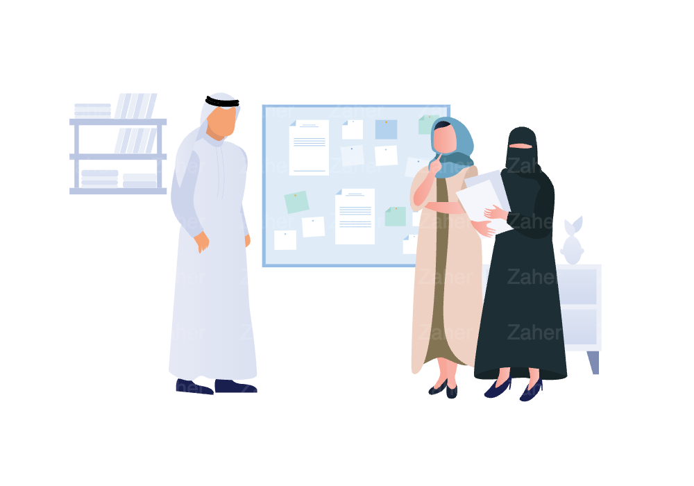 عمل مكتبي، اشخاص يتناقشون، تصميم ux/ui اشخاص بلبس عربي سعودي، خليجي