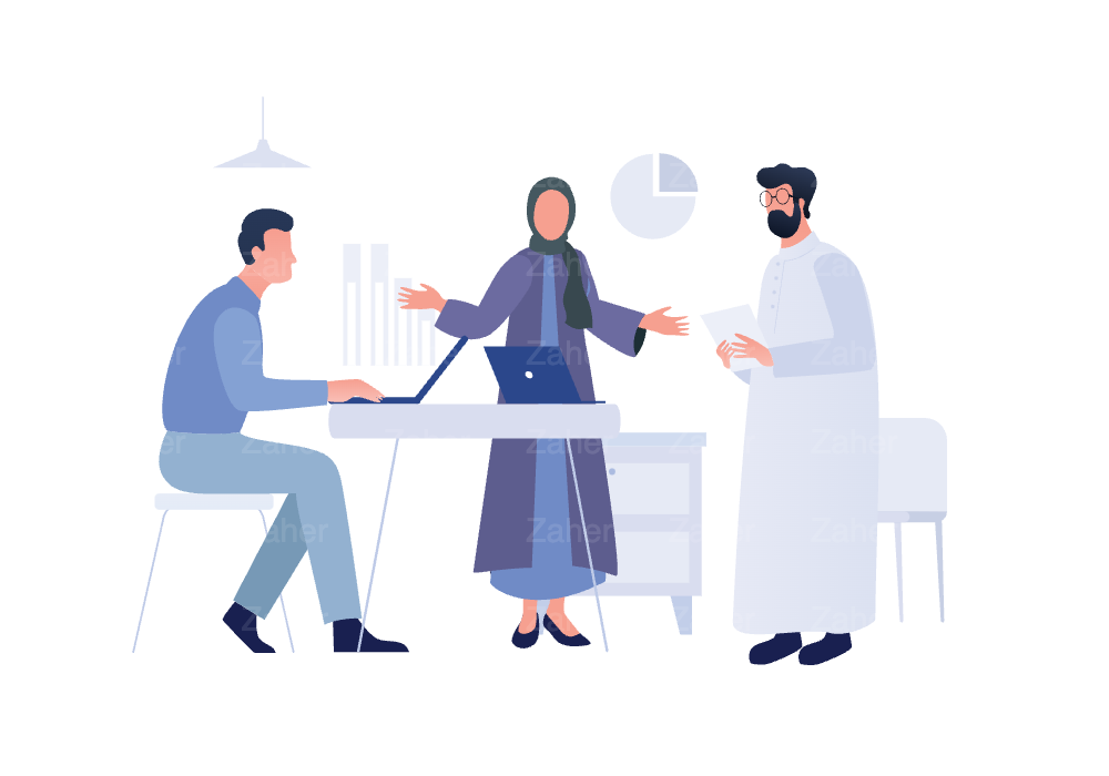مجموعة زملاء عمل في نقاش، لباس عربي، خليجي، سعودي