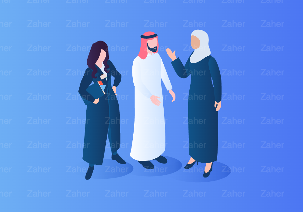 مجموعة زملاء عمل في نقاش، لباس عربي، خليجي، سعودي